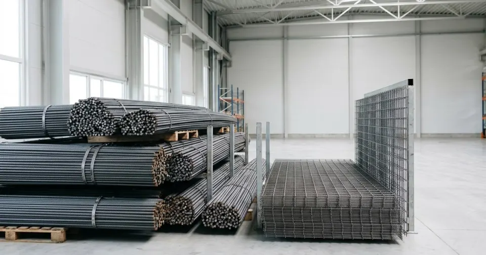 Tumpukan besi beton polos, ulir, dan wiremesh rapi di gudang material siap kirim proyek Sukoharjo